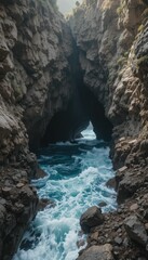 Rocky Coastal Gorge with Wild Waves Crashing Against Stone Walls