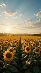 Fototapeta premium Golden Sunflower Field Under a Bright Blue Sky at Sunset