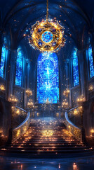 Fototapeta premium Grand Staircase in a Blue-Lit Cathedral Interior