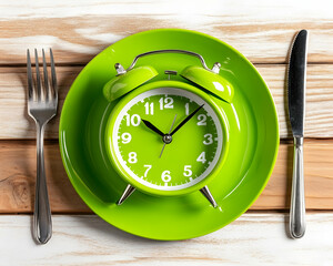 Green clock on plate with cutlery, wooden background
