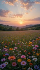Obraz premium Vibrant Wildflower Meadow Under Sunset Sky with Rolling Hills