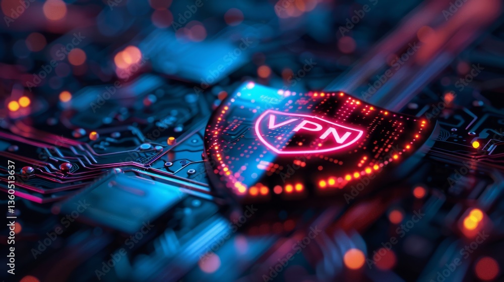 Poster enhancing online security with ai-powered vpn shield on intricate circuit board design