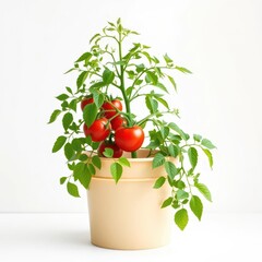 A healthy tomato plant thriving in a bucket against a pure white backdrop, green, nature, tomato plant