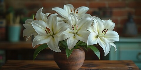 White lilies in rustic vase.
