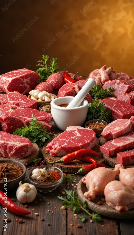 Poster fresh cuts of meat surrounded by spices and herbs on rustic table