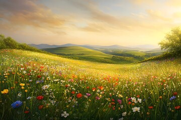 Vibrant wildflower meadow at golden hour captures the serene beauty of nature in full bloom