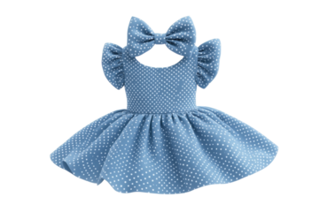 A Darling Baby Girls Powder Blue Polka Dot Dress, Perfect For A Special Occasion, Featuring A Sweet Matching Headband With A Charming Bow, Creating A Delightful And Stylish Ensemble Isolated on Transp