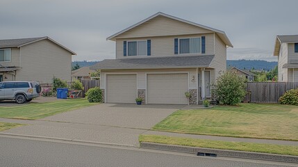 Two-story house with yard on a street, showcasing suburban living with other houses in the background