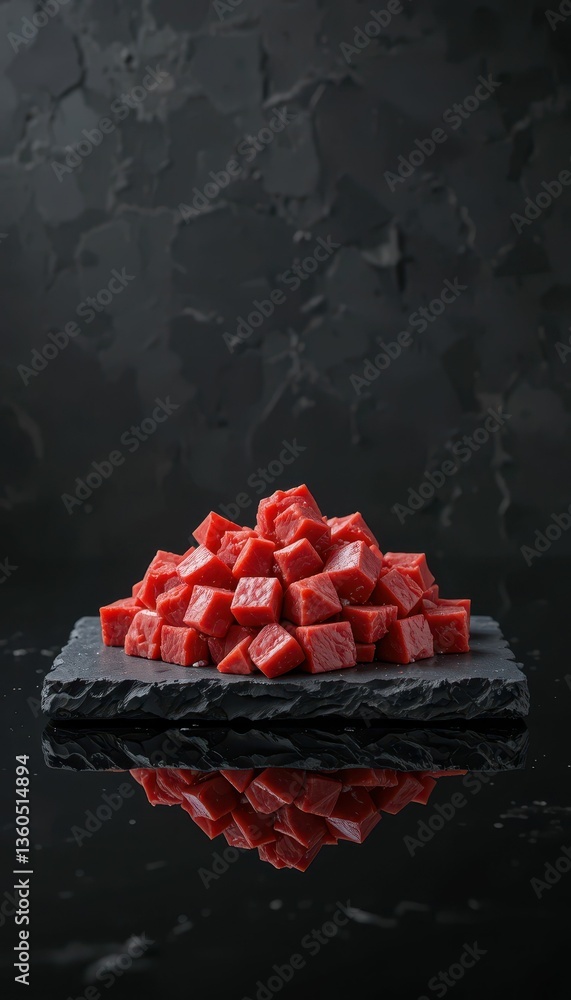 Poster freshly cut red cubes on slate serving board with glossy reflection
