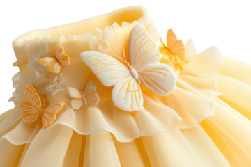 A Delicate Pastel Yellow Tulle Dress Adorned With Embroidered Butterflies, A Whimsical Design Perfect For A Little Girls Special Day, Showcasing Soft, Dreamy Textures Isolated on Transparent Backgroun