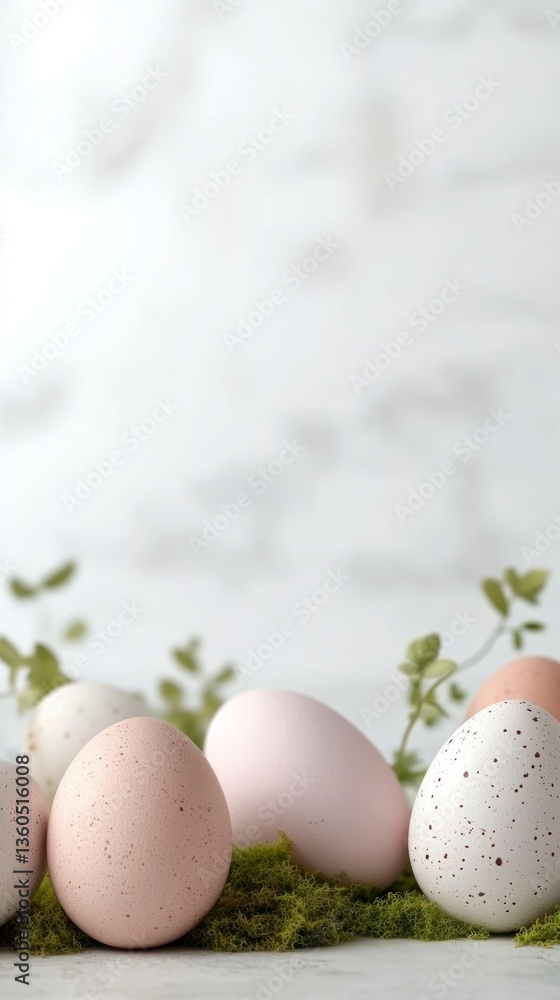 Poster colorful decorative eggs resting on soft green moss with a blurred background in a bright, natural s