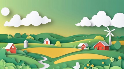 Naklejka premium Charming rural landscape in paper cut style featuring green fields, barns, windmills, and fluffy clouds in a warm countryside setting