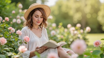 Obraz premium A woman reads a book surrounded by roses on a blurred background of a blooming garden