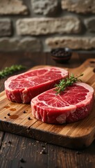 Fototapeta premium Fresh Raw Meat Cuts on Wooden Board with Herb Sprigs and Pepper