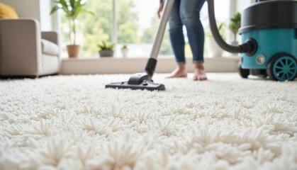 Fototapeta premium A woman vacuums a light carpet on a blurred background of a cozy living room