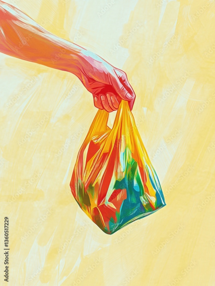 Poster grocery bag held by hand inviting viewers to experience the joy of shopping and the vibrant colors o