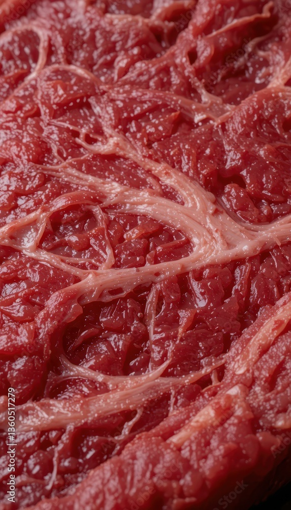 Poster close-up view of fresh raw red meat with intricate marbling patterns