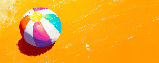 Vibrant beach ball resting on sandy surface in a sunny summer environment