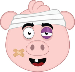 vector illustration emoji character face pig cartoon, injured with bandages on his head, a black eye, a single tooth