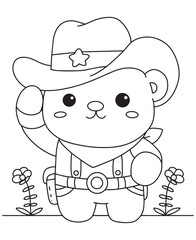 Coloring book bear cub cowboy in a hat and bandana, waving hello among flowers. Fun line art for coloring