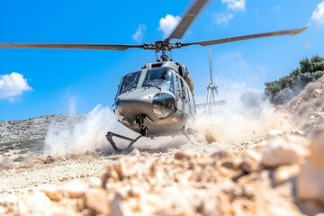 Helicopter landing, rocky terrain, dust cloud, sunny day