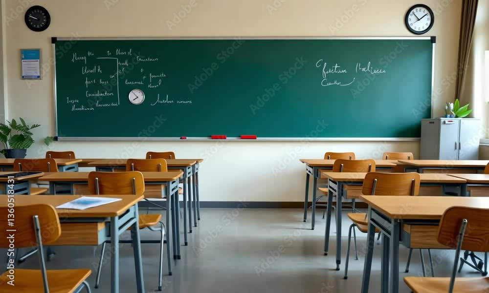 Poster empty classroom: a serene depiction of an empty classroom setting, ready and waiting for students. c