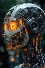 Fototapeta premium Robotic Head with Glowing Eyes, and Closeup.