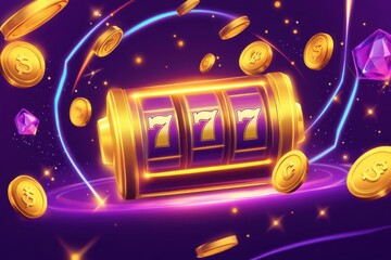3D text "Bonus" Fits a casino slot machine, with gold coins flying around the word and a purple background