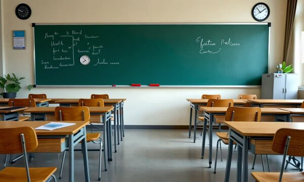 Empty Classroom: A serene depiction of an empty classroom setting, ready and waiting for students. Clean and inviting with rows of desks and a blackboard.