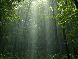 Obraz premium Sunbeams in Lush Forest Rain.