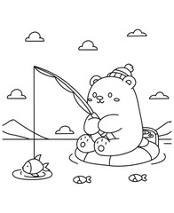 Coloring book bear cub fishing on a lake with clouds and mountains. Fun line art for coloring, featuring a peaceful outdoor scene