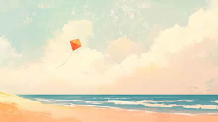 Kite flying against a pastel sky over a serene beach at sunset