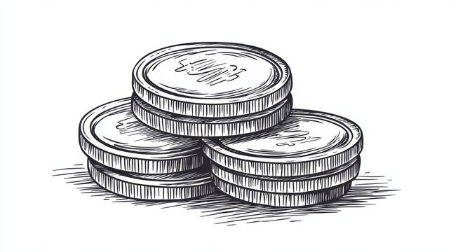 Pile of coins or dollar bills, hand-drawn vector illustration in an engraving style on a white background