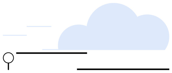 Cloud with horizontal lines symbolizing wind and a minimal lollipop-shaped tree. Ideal for weather, cloud computing, speed, simplicity, nature, abstract art, modern design. Flat simple metaphor