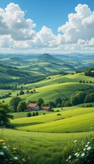 Serene Green Hills Under Blue Sky with Puffy Clouds in Nature