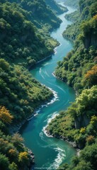 Obraz premium Scenic River Flowing Through Lush Green Valley in Mountain Landscape
