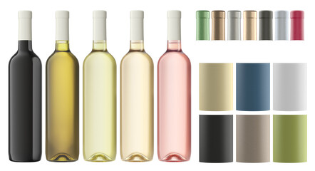 Bottle of white wine, tipe bordolese deco 75cl, alpha channel background, with stackable capsules on transparent, to make packshot and mockup.