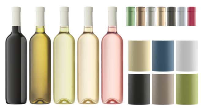 Bottle of white wine, tipe bordolese deco 75cl, alpha channel background, with stackable capsules on transparent, to make packshot and mockup.
