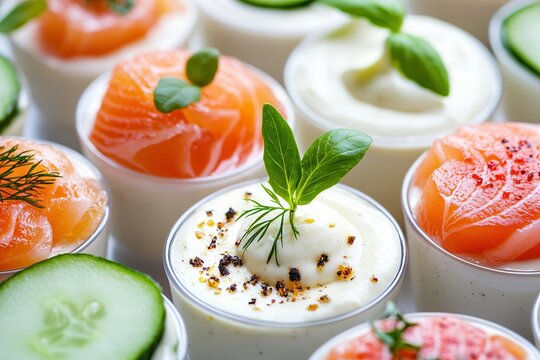 Verrines Saumon Fumé Delicious seafood appetizers in elegant cups garnished with herbs.