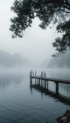 Serene Foggy Morning at a Tranquil Lake with Wooden Dock