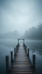 Obraz premium Serene Foggy Morning Over Tranquil Lake with Wooden Pier