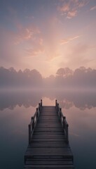 Fototapeta premium Tranquil Dock on Serene Lake at Dawn with Mist and Soft Light