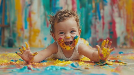 Joyful toddler exploring colors with paint on hands and face in a vibrant art space