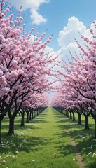 Naklejka premium Serene Pathway Through Blooming Cherry Blossom Trees Under Blue Sky