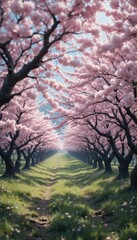 Serene Cherry Blossom Pathway Surrounded by Lush Greenery