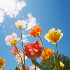 Obraz premium Vibrant Garden Marketing Mixed Tulip Varieties Against Blue Sky - Horticultural Aesthetic for Digital Content and Eco-Friendly Brand Showcasing