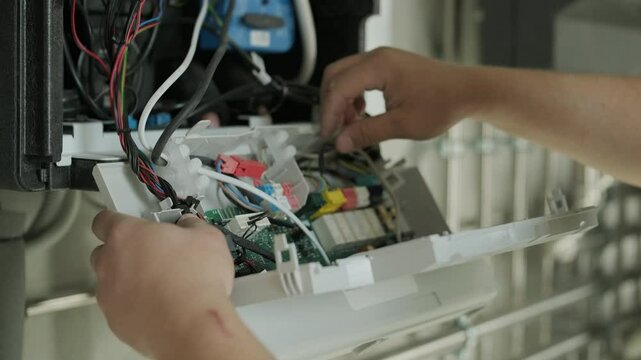 Technician opening heat pump unit for inspection and maintenance