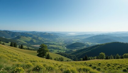 Scenic View of Rolling Hills and Valleys Under Clear Blue Sky