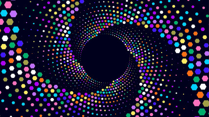 Colorful hexagons forming a swirling spiral pattern around a dark center.