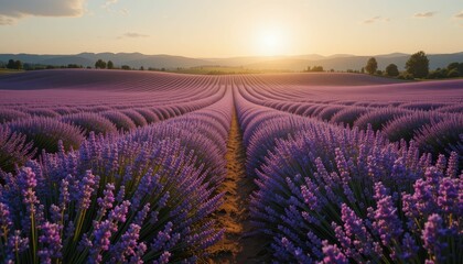 Obraz premium Beautiful Lavender Field at Sunset with Scenic Mountain View
